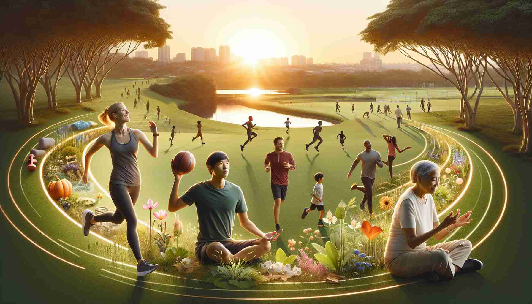 A realistic, high-definition image of a large outdoor area, illuminated by the warm glow of the setting sun. This scenic view is enhanced with various forms of exercise: a middle-aged Caucasian woman jogging on a trail, a young South Asian man doing yoga in an open grassy patch, a black teenage boy and his father playing catch with a football, and an elderly Middle-Eastern woman taking a leisurely walk with her dog. There's an underlying title 'The Benefits of Outdoor Exercise', written with natural elements such as flowers or leaves.