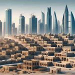 High definition image portraying the transformation of urban architecture over time in Muharraq, Bahrain. Starting from traditional desert architecture with simple mud-brick houses, transitioning into larger limestone structures with distinct Islamic detailing, and finally evolving into modern skyscrapers and contemporary architecture full of glass and steel. Include various stages of architectural evolution, placed in chronological order to represent the growth and evolution of Muharraq's architecture over the centuries.