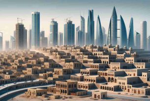 High definition image portraying the transformation of urban architecture over time in Muharraq, Bahrain. Starting from traditional desert architecture with simple mud-brick houses, transitioning into larger limestone structures with distinct Islamic detailing, and finally evolving into modern skyscrapers and contemporary architecture full of glass and steel. Include various stages of architectural evolution, placed in chronological order to represent the growth and evolution of Muharraq's architecture over the centuries.