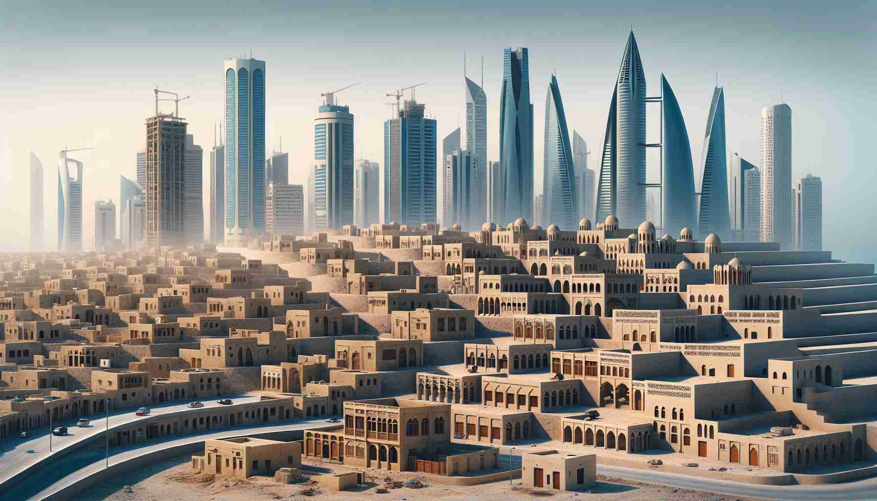 High definition image portraying the transformation of urban architecture over time in Muharraq, Bahrain. Starting from traditional desert architecture with simple mud-brick houses, transitioning into larger limestone structures with distinct Islamic detailing, and finally evolving into modern skyscrapers and contemporary architecture full of glass and steel. Include various stages of architectural evolution, placed in chronological order to represent the growth and evolution of Muharraq's architecture over the centuries.