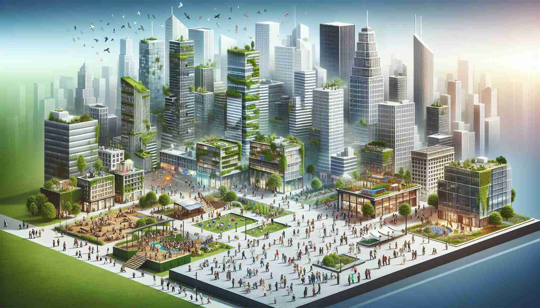 High-resolution illustration of change within an urban landscape through the lens of collaborative design. Picture a metropolitan skyline being transformed with a more eco-friendly approach. Sustainable architecture with green buildings and rooftop gardens is intertwined with swathes of public spaces featuring artistic installations, parks, and communal areas. Different generations of people, from kids to elderly, representing various descents such as Caucasian, Hispanic, Black, Middle-Eastern, South Asian, and white are interacting, brainstorming and creating together. This modern transformation communicates balance, creativity, and communal harmony.