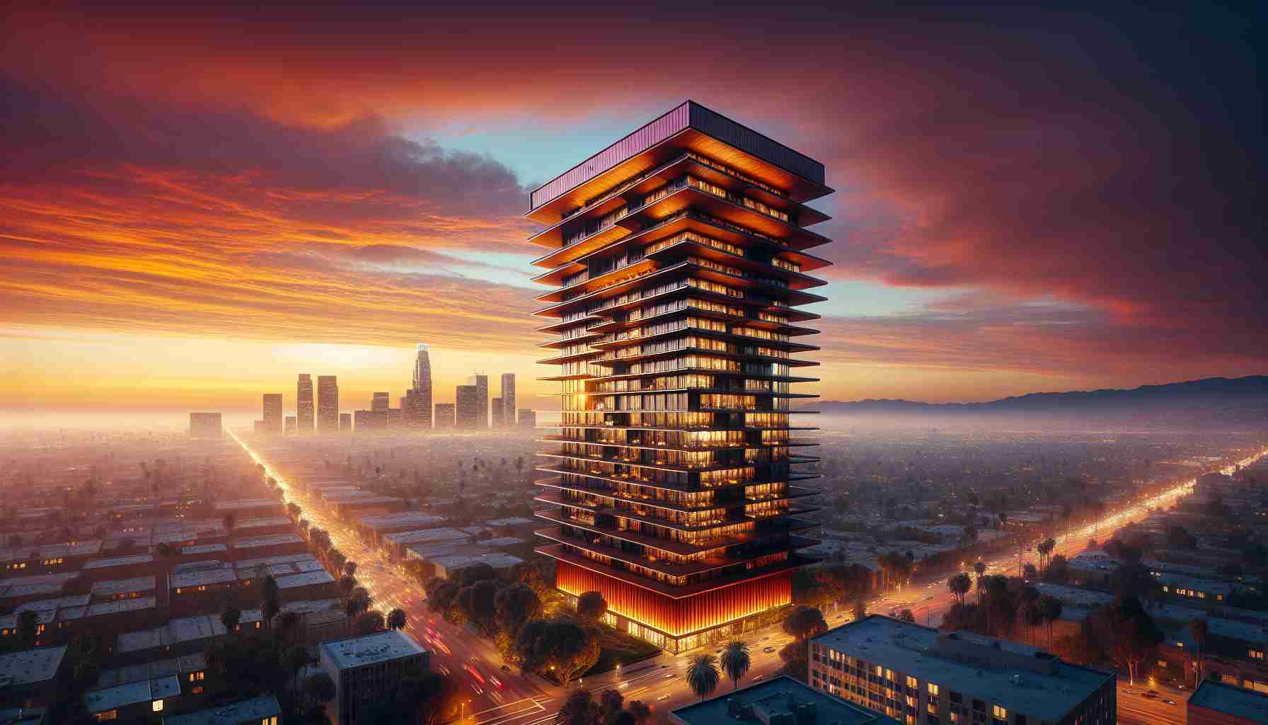 A realistic, high-definition image depicting the resurgence of an iconic mid-century modern high-rise building, illuminated by the setting sun which signifies a promising future. The building stands tall amidst a bustling cityscape. The sky adopts a beautiful gradient of orange, red, and purple hues reflecting the golden hour of the day. The building's distinctive, cantilevered design, with its copper patina and angular lines against the backdrop of the vibrant sky, showcase a blend of architectural accomplishment and natural beauty.