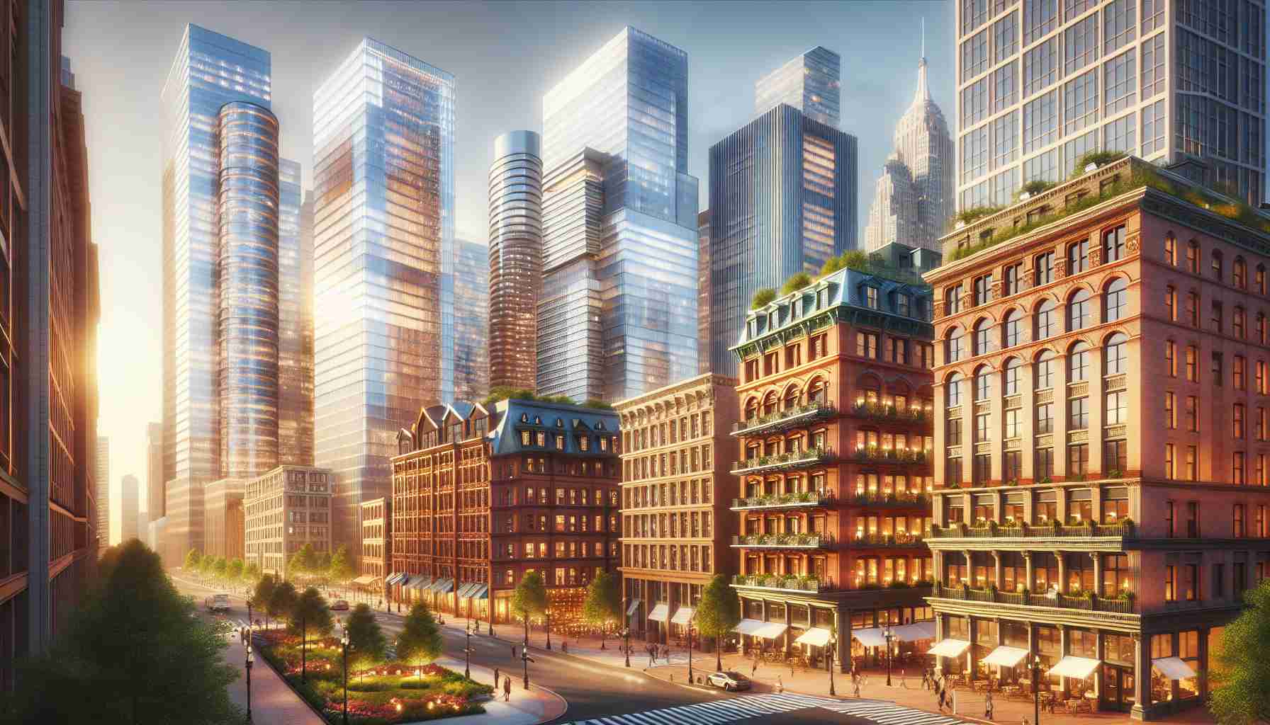 An image showcasing the transformation of American downtowns with innovative architecture. Picture tall, sleek glass skyscrapers twinkling in the sunlight, beside beautifully preserved red-brick buildings that trace the history of the city. Imagine vibrant parks interspersed with bustling cafes and street-side shops, adding a touch of green and urban life. It's a harmonious blend of old and new. The buildings convey the urban revival undertaken with smart, sustainable design, with the imaginative touches hinting at modernity while preserving the classic charm.