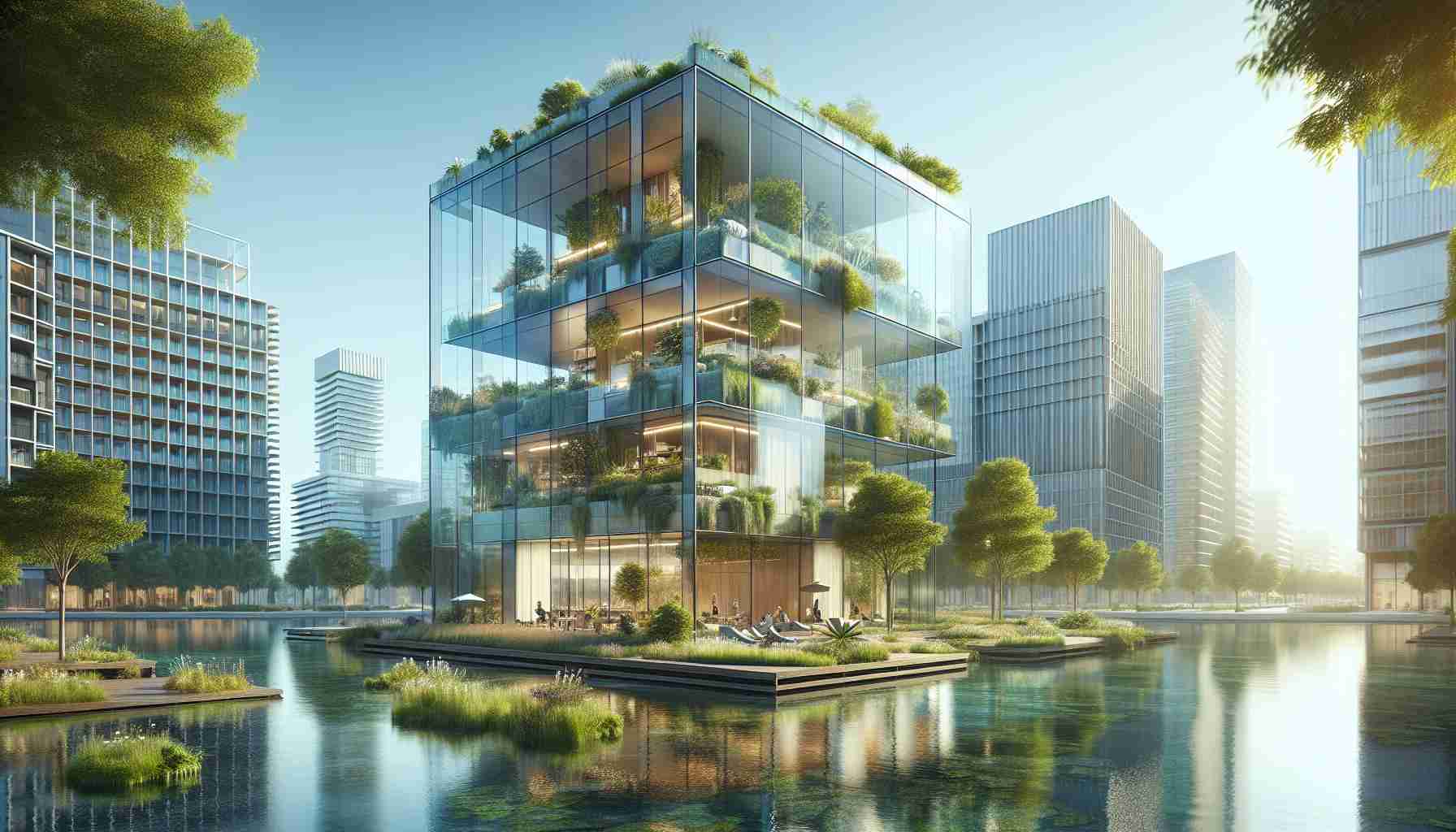 A high-definition, realistic image of a modern urban oasis concept revealed in Spain by notable architects. The design incorporates contemporary architecture principles - think sleek glass surfaces, clean lines, and imaginative use of space - with lush green spaces. This blend of built and natural environment sparks a sense of serenity amidst the bustle of city life.