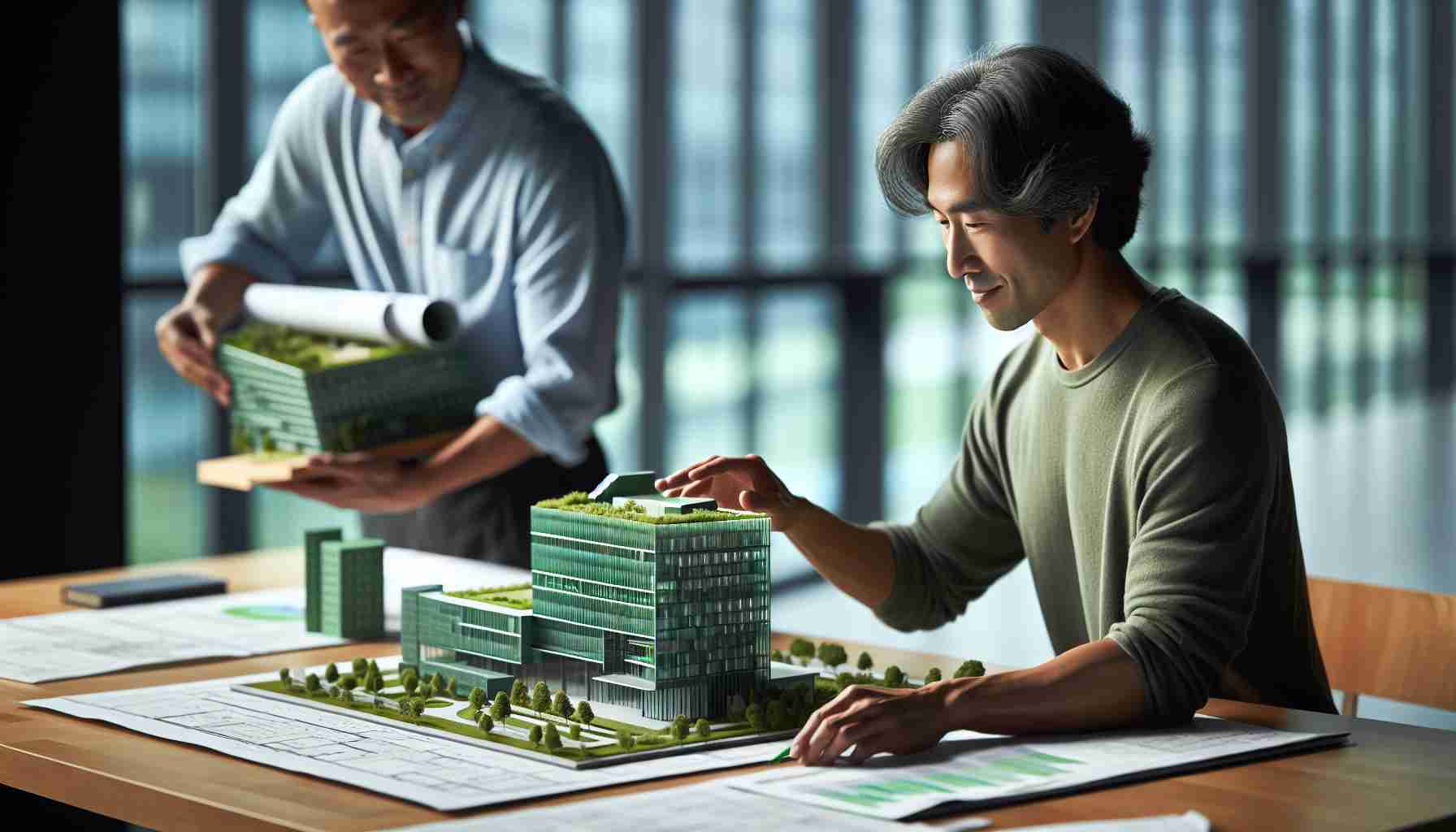 High definition photo of a celebrated architect who is renowned globally for their contributions to sustainable design. This individual is engaged in their work, showcasing a scale model of a green building they designed. Key elements of their design ethos, such as use of renewable resources, energy-efficient features, and integration with the natural environment, should be clearly visible in the model. The architect's descent should be South Asian, and their gender should be female.