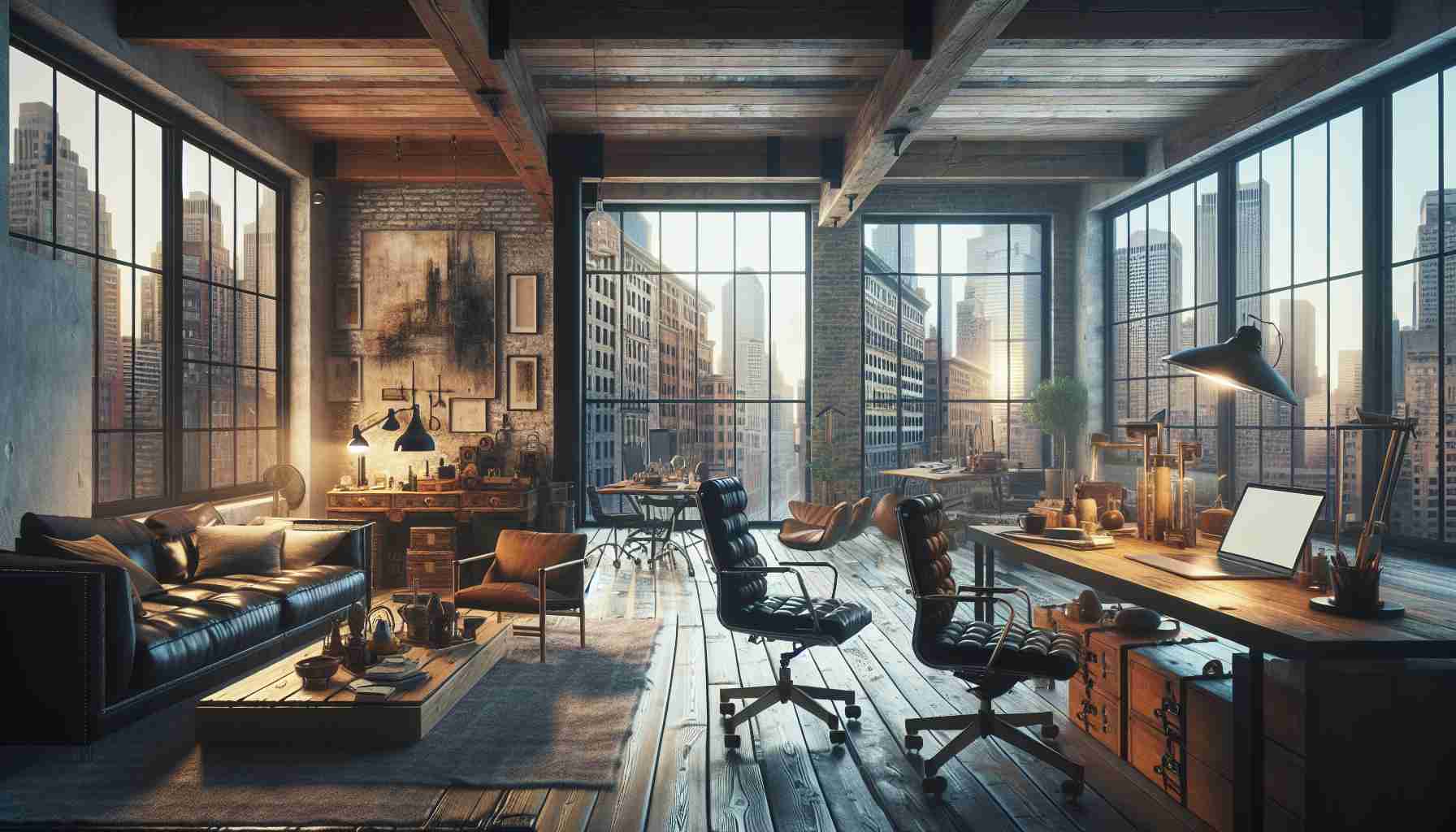 Generate a high-definition image capturing a perfect fusion of rustic and modern styles within urban renovation. The scene should be set in a city environment, and incorporates elements from both these styles seamlessly blending together. You may include elements like exposed brick walls along with sleek contemporary furniture, antique artifacts juxtaposing with high-tech gadgets, or even a renovated loft with a mix of wooden and metallic finishes.