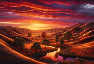 Realistic HD photo of an expansive landscape at sunset, with undulating hills draped in a rich tapestry of warm hues, a vibrant sky above displaying a spectrum from deep red to orange, with hues of purple in the sparse clouds. In the foreground, a cluster of trees stands, their leaves turned golden by the setting sun's rays, and a narrow stream meanders its way across the scene, reflecting the fiery sky above. A single wooden footbridge crosses the stream, adding a sense of quiet human touch to the otherwise untouched wild beauty.