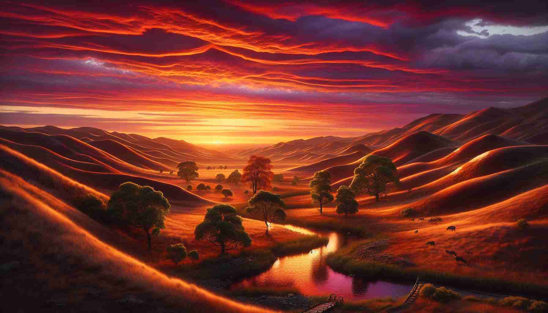 Realistic HD photo of an expansive landscape at sunset, with undulating hills draped in a rich tapestry of warm hues, a vibrant sky above displaying a spectrum from deep red to orange, with hues of purple in the sparse clouds. In the foreground, a cluster of trees stands, their leaves turned golden by the setting sun's rays, and a narrow stream meanders its way across the scene, reflecting the fiery sky above. A single wooden footbridge crosses the stream, adding a sense of quiet human touch to the otherwise untouched wild beauty.