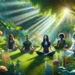 A high-definition image illustrating the benefits of outdoor meditation for mental well-being. It portrays a serene scene in a lush green garden with a variety of vibrant plants and flowers. In this calming setting is a diverse group of people sitting cross-legged, immersed in the process of meditation. There is an Asian man, a Caucasian woman, a Black young adult and a Middle-Eastern elder, all exhibiting expressions of peace and tranquility. Sun rays gently peek through the foliage adding a soft glow to the atmosphere, further emphasizing the healing and therapeutic aspects of nature and the outdoors.