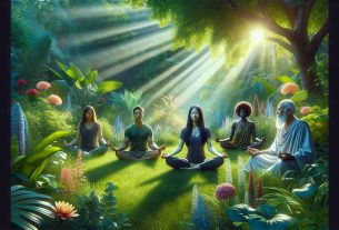 A high-definition image illustrating the benefits of outdoor meditation for mental well-being. It portrays a serene scene in a lush green garden with a variety of vibrant plants and flowers. In this calming setting is a diverse group of people sitting cross-legged, immersed in the process of meditation. There is an Asian man, a Caucasian woman, a Black young adult and a Middle-Eastern elder, all exhibiting expressions of peace and tranquility. Sun rays gently peek through the foliage adding a soft glow to the atmosphere, further emphasizing the healing and therapeutic aspects of nature and the outdoors.