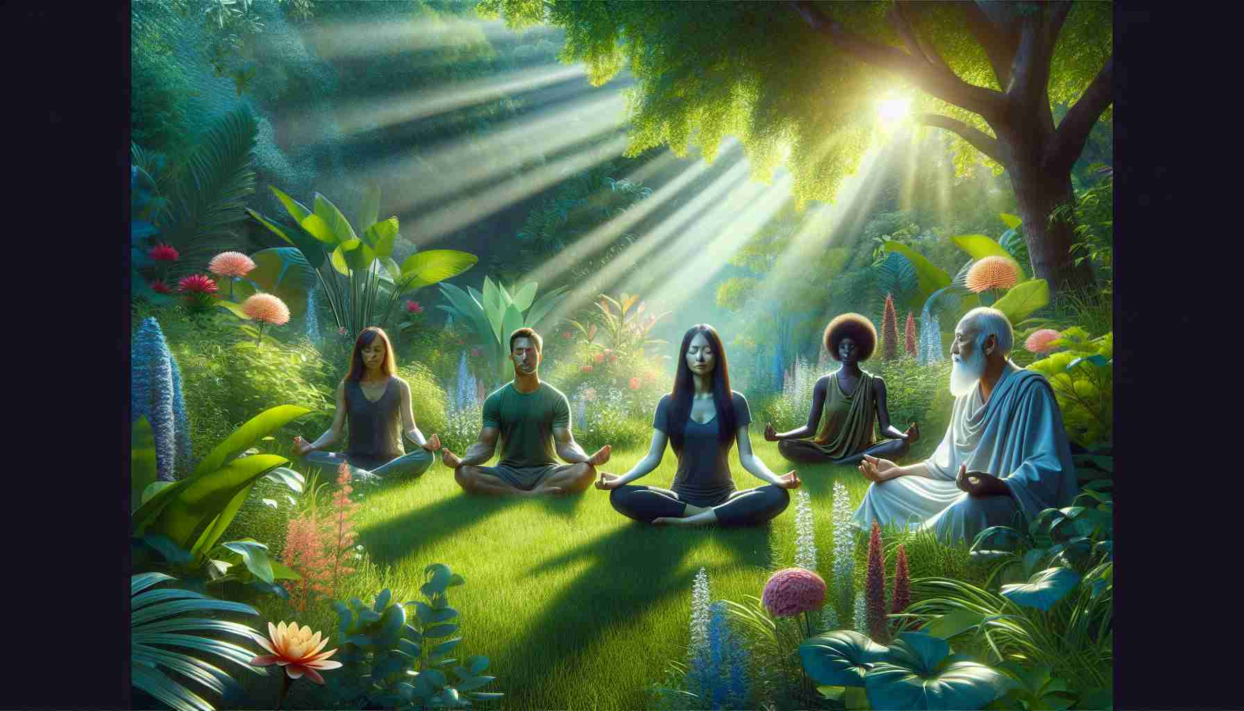 A high-definition image illustrating the benefits of outdoor meditation for mental well-being. It portrays a serene scene in a lush green garden with a variety of vibrant plants and flowers. In this calming setting is a diverse group of people sitting cross-legged, immersed in the process of meditation. There is an Asian man, a Caucasian woman, a Black young adult and a Middle-Eastern elder, all exhibiting expressions of peace and tranquility. Sun rays gently peek through the foliage adding a soft glow to the atmosphere, further emphasizing the healing and therapeutic aspects of nature and the outdoors.