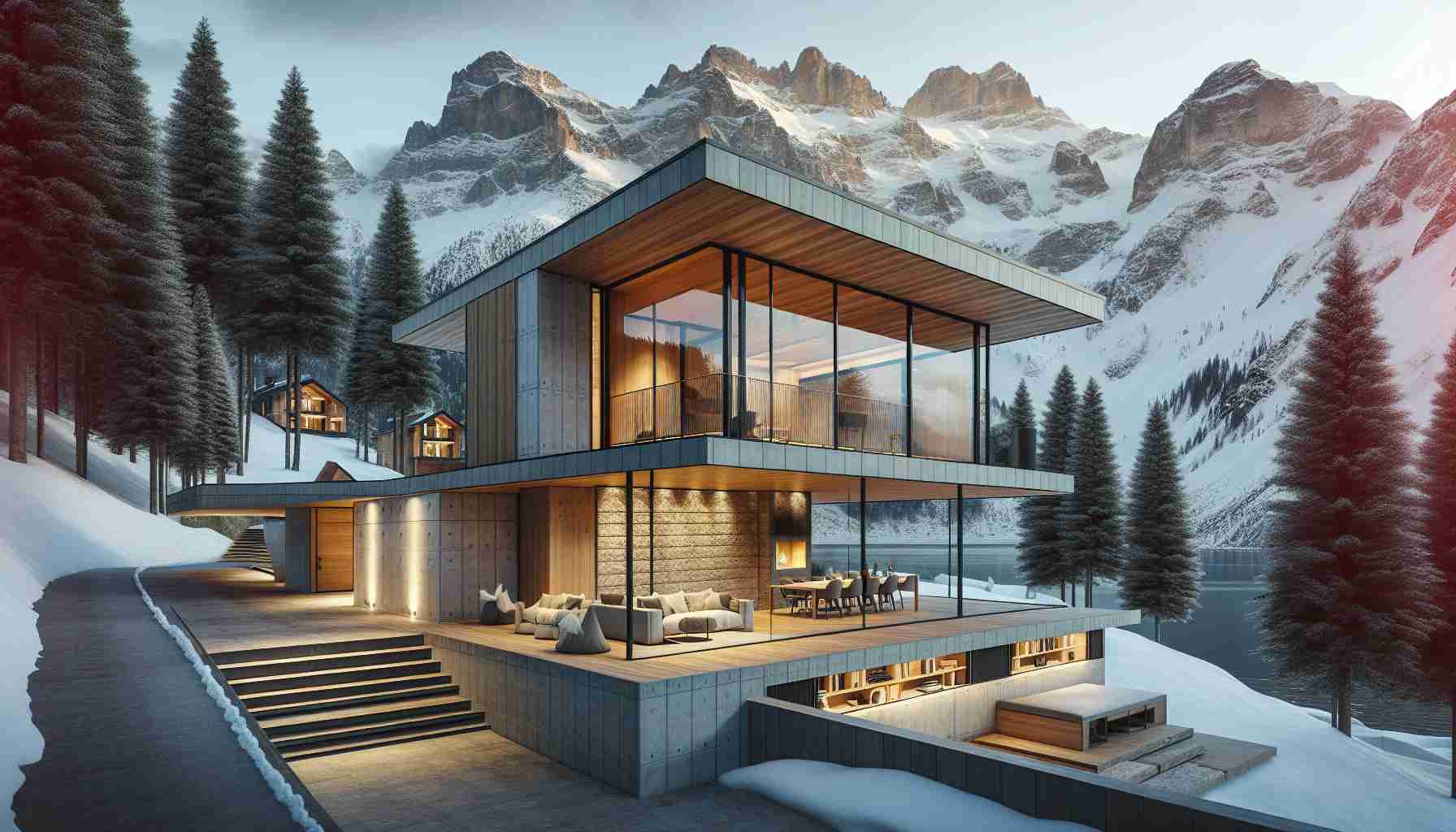 Generate a realistic, high-definition image of a modern mountain retreat. The architecture of this gem should be unique, capturing the essence of modern design principles while harmoniously blending with the natural mountainous environment. Detail elements might include large panoramic windows to revere the surrounding vistas, and an open-plan living space that lets in ample natural light, with minimalist decor and neutral colors mirroring the tranquility of the mountain setting. The exterior could feature high-grade materials like stone and wood, blending the building into its awe-inspiring background.