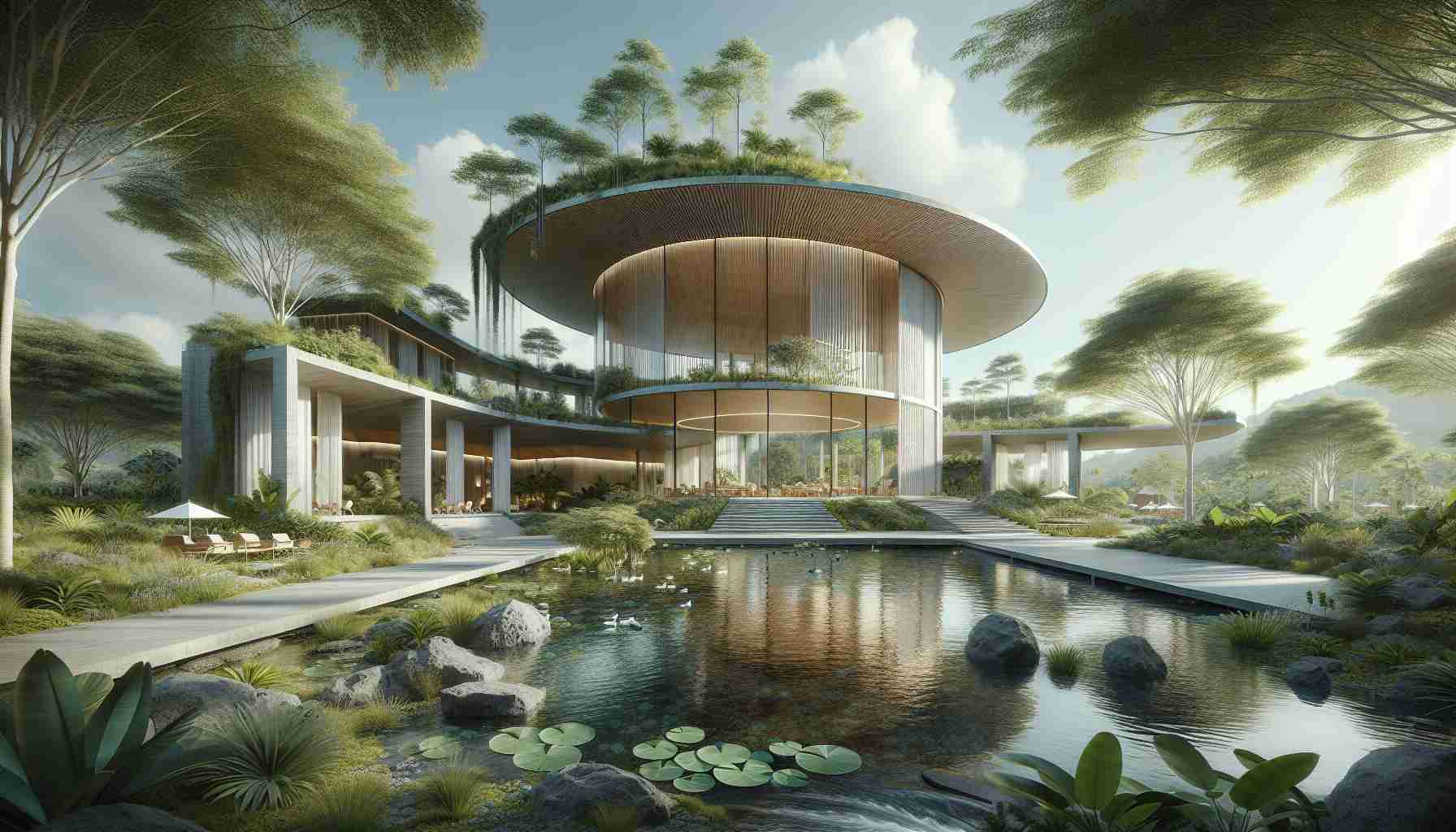 Create a realistic, high-definition image of a location known as 'Harmonious Haven'. This environment embodies a modern aesthetic while seamlessly integrating with nature. Imagine a landscape where architectural marvels of the 21st century are imbued with elements like lush greenery, flowing water bodies, and wild flora. The synthesis of these contrasting elements births the picturesque beauty of this haven. Use neutral tones and soft hues to enhance the serene ambiance of this scene. The structures within the haven should exhibit minimalist design finishing, complemented by floor-to-ceiling glass windows, and surrounded by an array of plants, trees, and fauna.