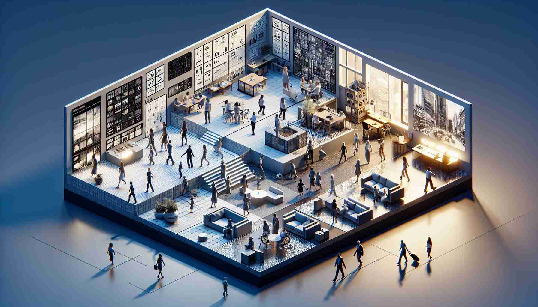 A high-definition, realistic depiction of the impact of design on human behavior. This image could show various facets of design, like architectural design, product design, and graphic design, affecting human actions and choices in diverse settings like a public square, a home interior, and an office environment. It might be shown in a series of scenarios: a well-design space encouraging communication amongst its South Asian occupants, a poorly designed object frustrating its Black female user, or an appealing advertisement drawing the attention of its Caucasian male observer.