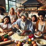 Generative photo in High Definition showcasing the joys of embracing creative cooking at home. The image depicts a diverse mix of individuals of varied genders, engaged in different cooking activities. The kitchen is a vibrant, warm space filled with colours from fresh vegetables and fruits on the countertops. A middle-aged South Asian man may be kneading dough for pizza, a Caucasian teenager responsible for grinding herbs using a mortar and pestle, a black woman chopping veggies, and an East Asian boy whisking eggs. Joy and camaraderie must be evident, accentuating the benefits of home cooking.