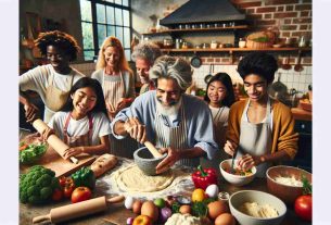 Generative photo in High Definition showcasing the joys of embracing creative cooking at home. The image depicts a diverse mix of individuals of varied genders, engaged in different cooking activities. The kitchen is a vibrant, warm space filled with colours from fresh vegetables and fruits on the countertops. A middle-aged South Asian man may be kneading dough for pizza, a Caucasian teenager responsible for grinding herbs using a mortar and pestle, a black woman chopping veggies, and an East Asian boy whisking eggs. Joy and camaraderie must be evident, accentuating the benefits of home cooking.