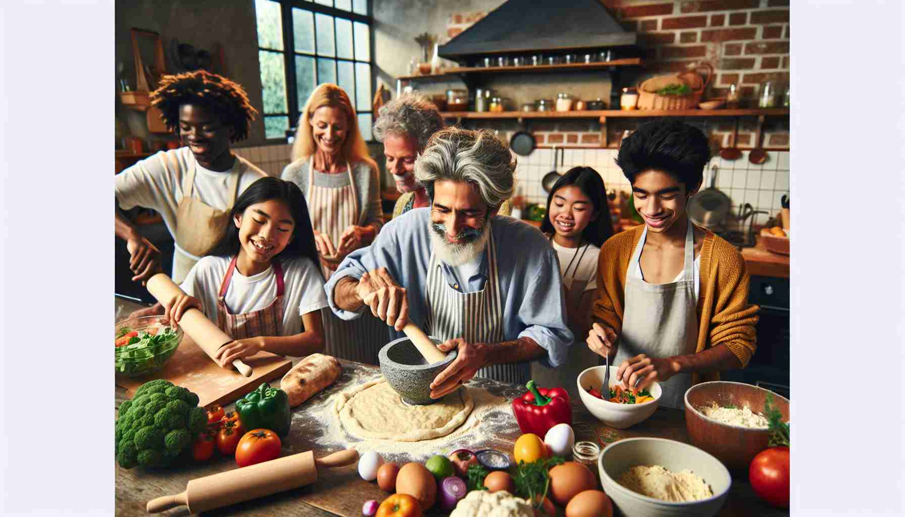 Generative photo in High Definition showcasing the joys of embracing creative cooking at home. The image depicts a diverse mix of individuals of varied genders, engaged in different cooking activities. The kitchen is a vibrant, warm space filled with colours from fresh vegetables and fruits on the countertops. A middle-aged South Asian man may be kneading dough for pizza, a Caucasian teenager responsible for grinding herbs using a mortar and pestle, a black woman chopping veggies, and an East Asian boy whisking eggs. Joy and camaraderie must be evident, accentuating the benefits of home cooking.