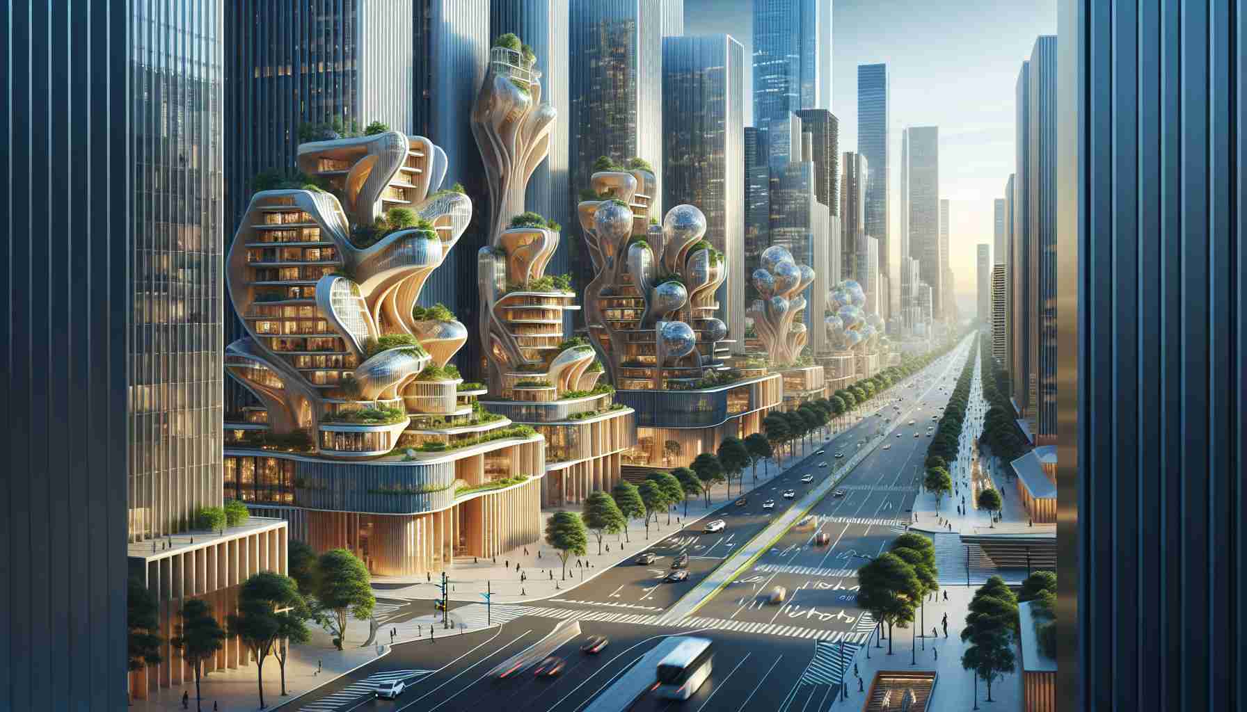 High definition, ultra-realistic image of the impactful legacy left by a renowned, unnamed architect. Show an impressively designed urban environment, showcasing modern architectural aesthetics, mixed with sustainable design elements. The buildings should combine organic forms with advanced materials, portraying the spirit of architectural innovation. Include a bustling city-life, hinting at the dynamic impact of the architect's work on society.