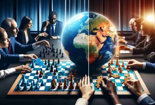 Create a realistic HD image that symbolizes high-stakes leadership changes and global initiatives. The image is divided into two sections. On the left, illustrate a game of chess in a corporate boardroom, indicating the strategic decision-making process. Include diverse leaders sitting around the table: a Caucasian male, a Black female, an Asian male, and a Hispanic female, all in professional business attires. On the right, depict a world globe with hands of different descent, colour and gender placing puzzle pieces on it, symbolizing global collaboration and unity. The diverse hands include a Middle Eastern male, a South Asian female, a White male, and a Black female hand. Ensure details are crisp and clear, giving it a high-definition quality.