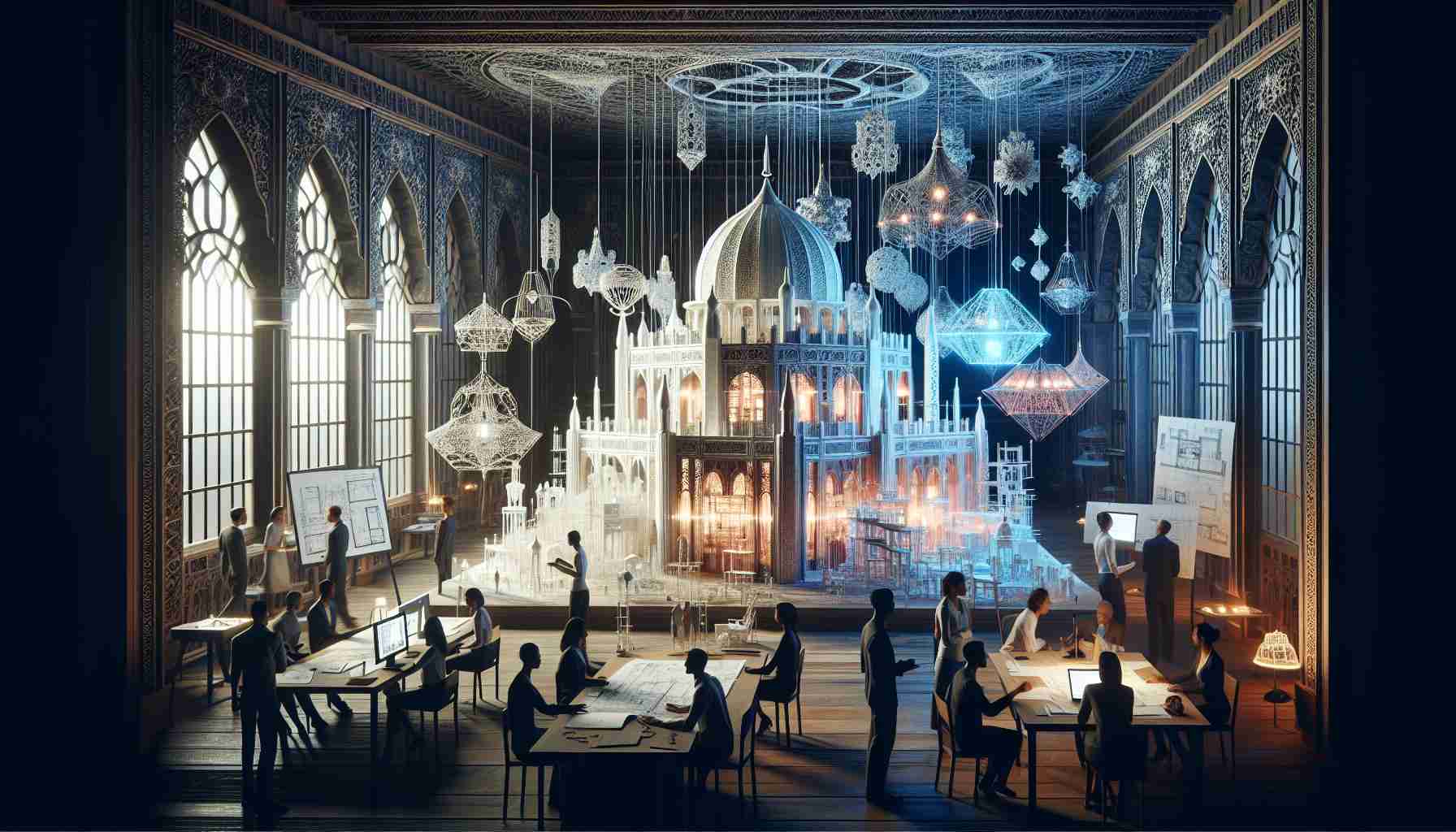 A high-definition, realistic image showing a scene of architectural exploration and innovative design. Picture an environment where traditional and contemporary elements mingle harmoniously, displaying a fusion of various architectural styles. Glowing amidst this exquisite setup, are groundbreaking, unusual designs - structures that defy conventional norms and seem to push the boundaries of engineering. The blueprints, maquettes and 3D models are prominently displayed along with their respective cutting-edge tools and software. Architects and designers, both males and females, of diverse descents including Caucasian, Hispanic, Black, Middle-Eastern, South Asian, and White, are actively engrossed in conversations, discussions and presenting their projects.