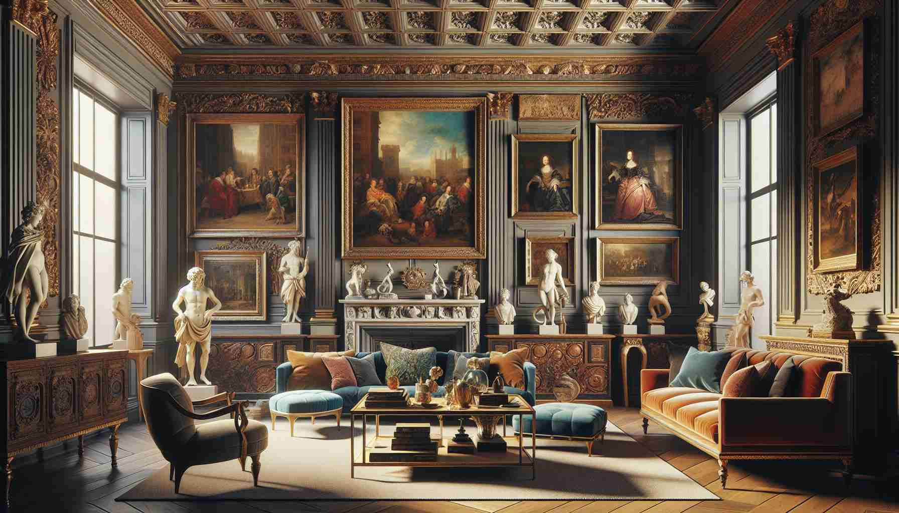 Create a high-definition realistic image showcasing the enhancement of personal spaces through artistic expression. The scene depicts an stylishly decorated room, where the walls adorned with eclectic artwork, including ornate oil paintings in a style reminiscent of the 16th century Dutch masters. There are striking sculptures occupying unanticipated corners of the room. Furthermore, the furniture itself appears as a lovingly chosen collection, each piece narrating a unique story. The balance of color, texture, and form fills the room with an ambience that reflects individuality and personal expression.