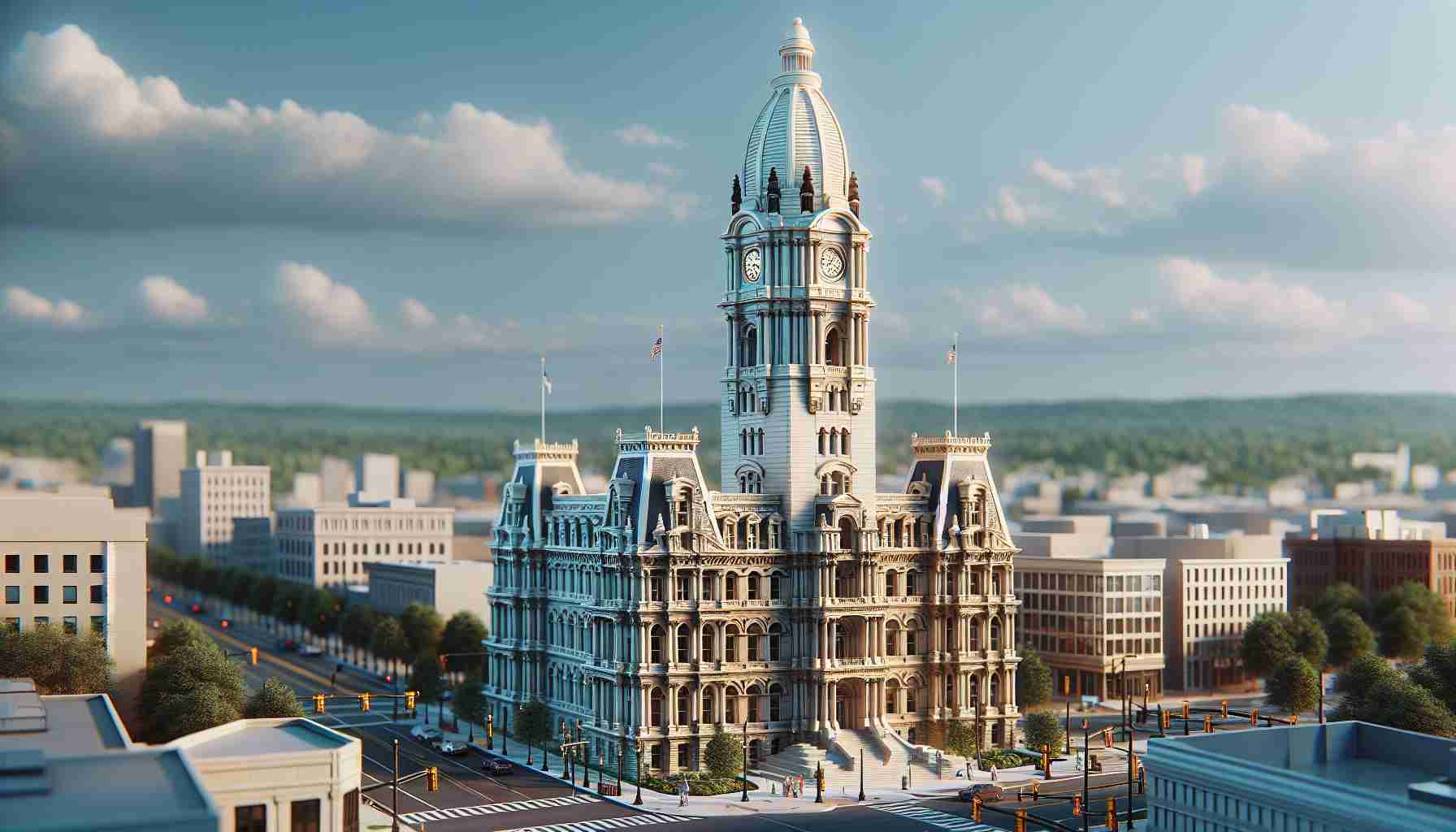 High-definition realistic image of an iconic, revitalized landmark in the city of Harrisburg. The landmark should appear as if it had just been restored, with fresh paint, clean surroundings, and any distinctive architectural details sharply defined.