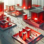 A high definition, realistically rendered image that portrays the concept of inclusive architecture. This includes structures and spaces that are designed in an insightful and innovative way to cater to diverse needs. The structures in the scene should demonstrate functionality for individuals of different abilities and requirements. The prominent color theme of these structures is red denoting energy and dynamism.