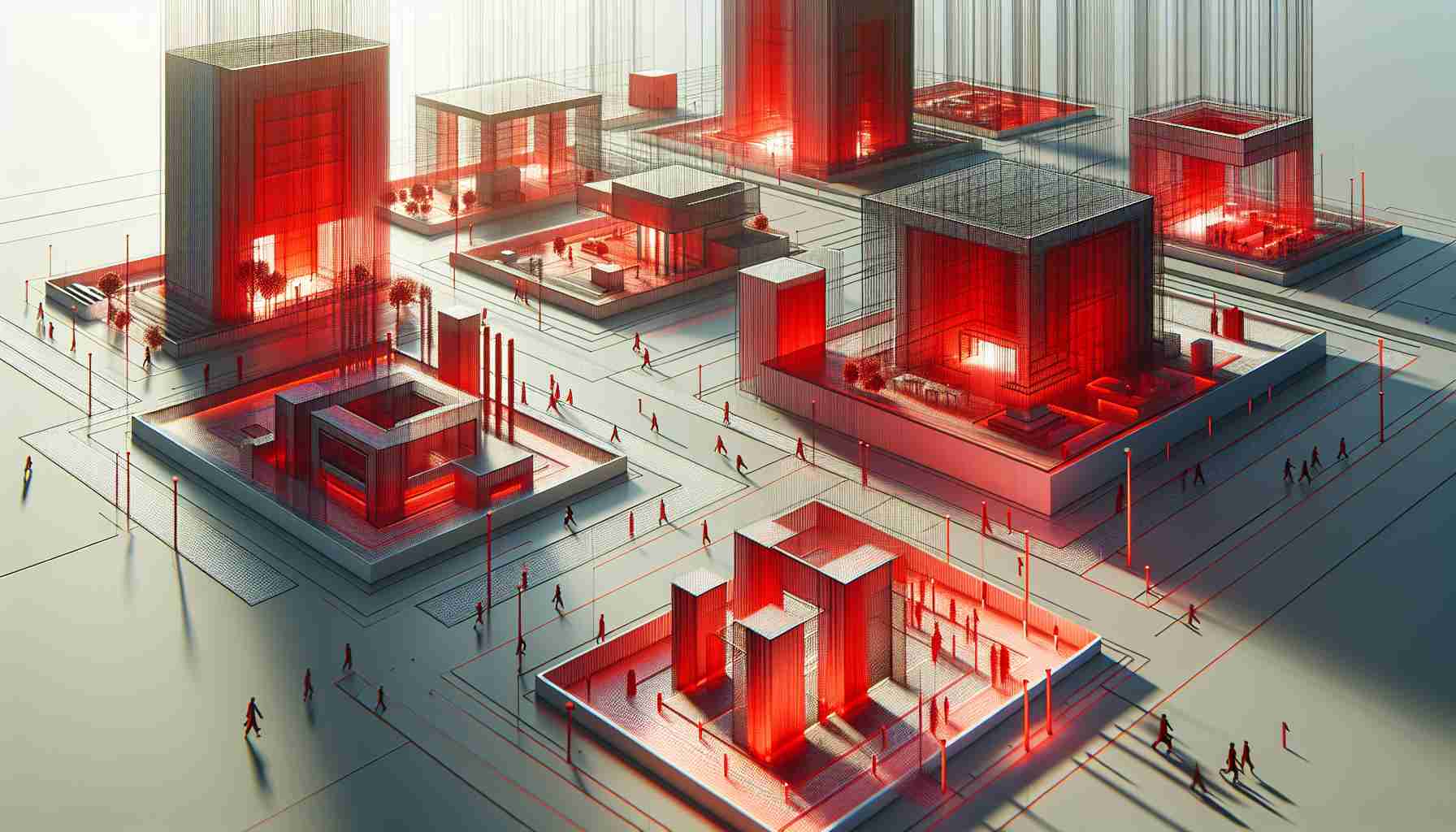 A high definition, realistically rendered image that portrays the concept of inclusive architecture. This includes structures and spaces that are designed in an insightful and innovative way to cater to diverse needs. The structures in the scene should demonstrate functionality for individuals of different abilities and requirements. The prominent color theme of these structures is red denoting energy and dynamism.