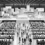 Detailed and realistic HD image of an architecture award ceremony, showcasing excellent architectural designs, held at an annual convention likely organized by a professional architecture organization. Image should include participants of varying genders and descents, possibly architects, showing a diverse representation. The monocrome color pallet should not detract from the details of the convention venue and the architectural designs being displayed.