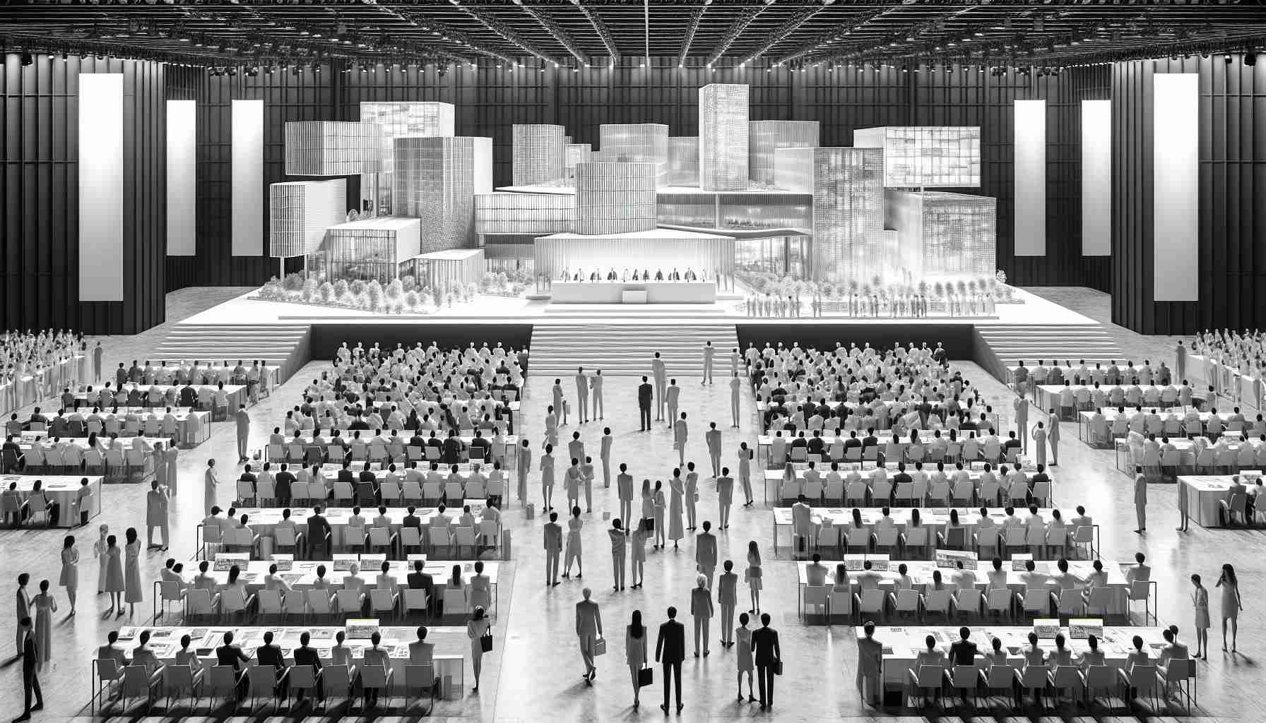 Detailed and realistic HD image of an architecture award ceremony, showcasing excellent architectural designs, held at an annual convention likely organized by a professional architecture organization. Image should include participants of varying genders and descents, possibly architects, showing a diverse representation. The monocrome color pallet should not detract from the details of the convention venue and the architectural designs being displayed.