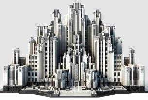 A high-definition, realistic image showcasing the splendor of Art Deco architecture. It should feature a majestic building with distinctive patterns and geometric shapes, dazzling materials, and a towering, skyscraper-like structure. The architectural style emphasizes different materials such as concrete, glass, and steel with clean lines and repetitive patterns characteristic of the Art Deco period. There should be a lot of emphasis on the vertical lines, rising tower-like structures and the overall extravagant, yet elegant look of the building.