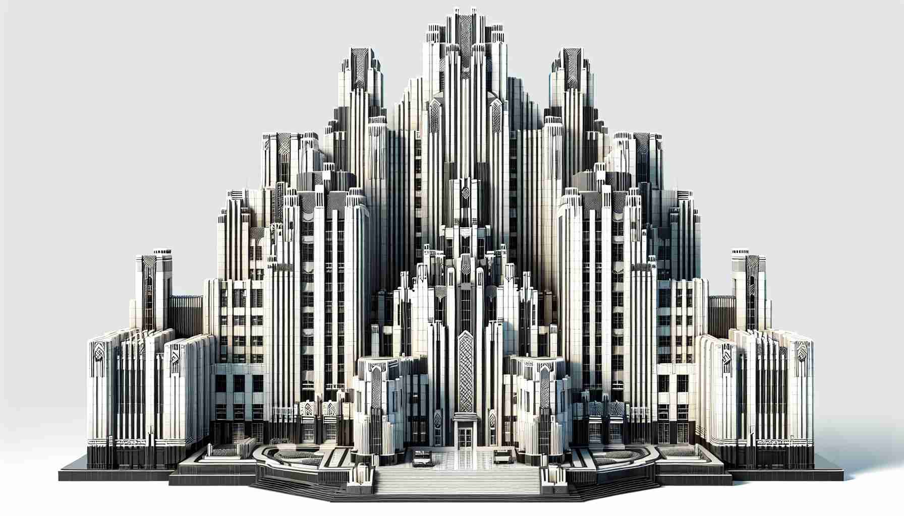 A high-definition, realistic image showcasing the splendor of Art Deco architecture. It should feature a majestic building with distinctive patterns and geometric shapes, dazzling materials, and a towering, skyscraper-like structure. The architectural style emphasizes different materials such as concrete, glass, and steel with clean lines and repetitive patterns characteristic of the Art Deco period. There should be a lot of emphasis on the vertical lines, rising tower-like structures and the overall extravagant, yet elegant look of the building.