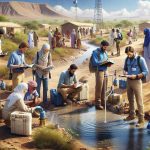 Realistic high definition image depicting the assessment of water impact in a Sub-Saharan country. A group of people from diverse descents such as Caucasian, Hispanic, and South Asian, working together on field research. This group of men and women are equipped with various research tools and are seen studying the water resources in a remote village area. They take water samples from a local river, examine local wells, and interact with the villagers. The background reveals the arid landscape of the Sub-Saharan region with sparse vegetation and clear, blue skies.