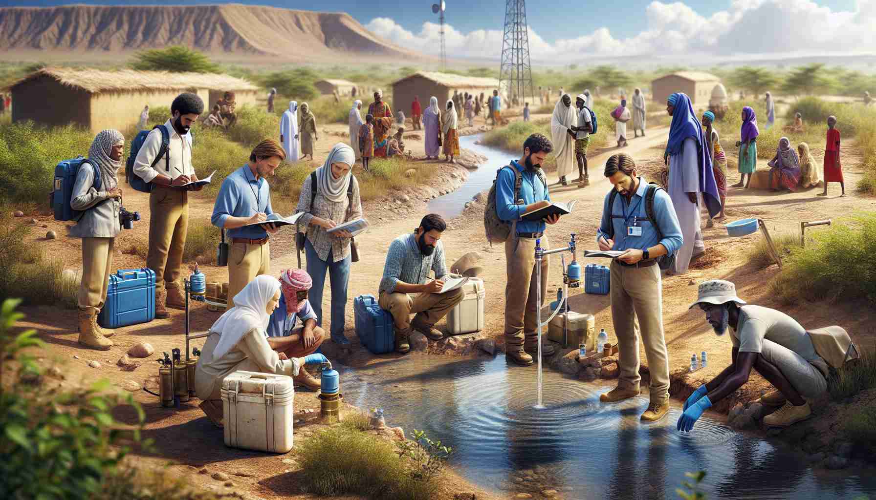 Realistic high definition image depicting the assessment of water impact in a Sub-Saharan country. A group of people from diverse descents such as Caucasian, Hispanic, and South Asian, working together on field research. This group of men and women are equipped with various research tools and are seen studying the water resources in a remote village area. They take water samples from a local river, examine local wells, and interact with the villagers. The background reveals the arid landscape of the Sub-Saharan region with sparse vegetation and clear, blue skies.