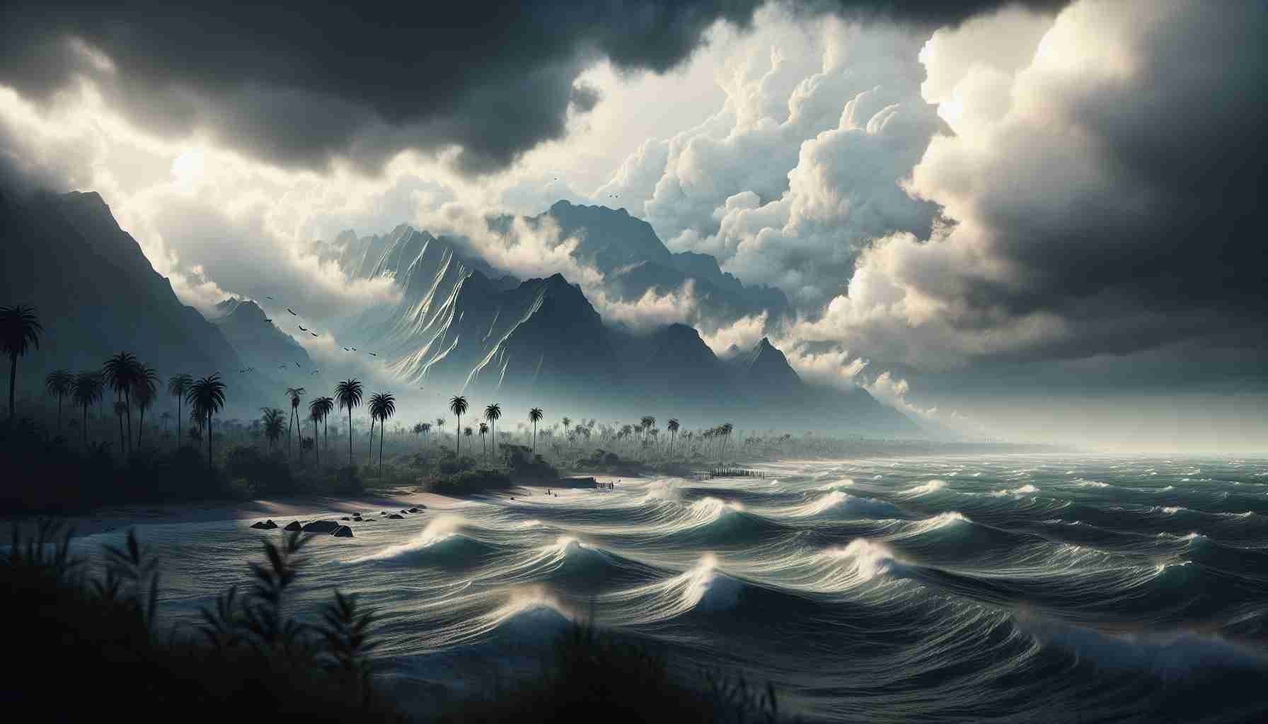 A realistic, high-definition image showing the cloudy, unsettled skies over the coastal areas of Florida as it braces for an impending weather event. The atmosphere holds a tangible sense of tension and expectation, balanced by the beauty of the coastal scenery. Palm trees sway in the increasingly strong winds and the sea churns restlessly, reflecting the unsettling shift in the weather.