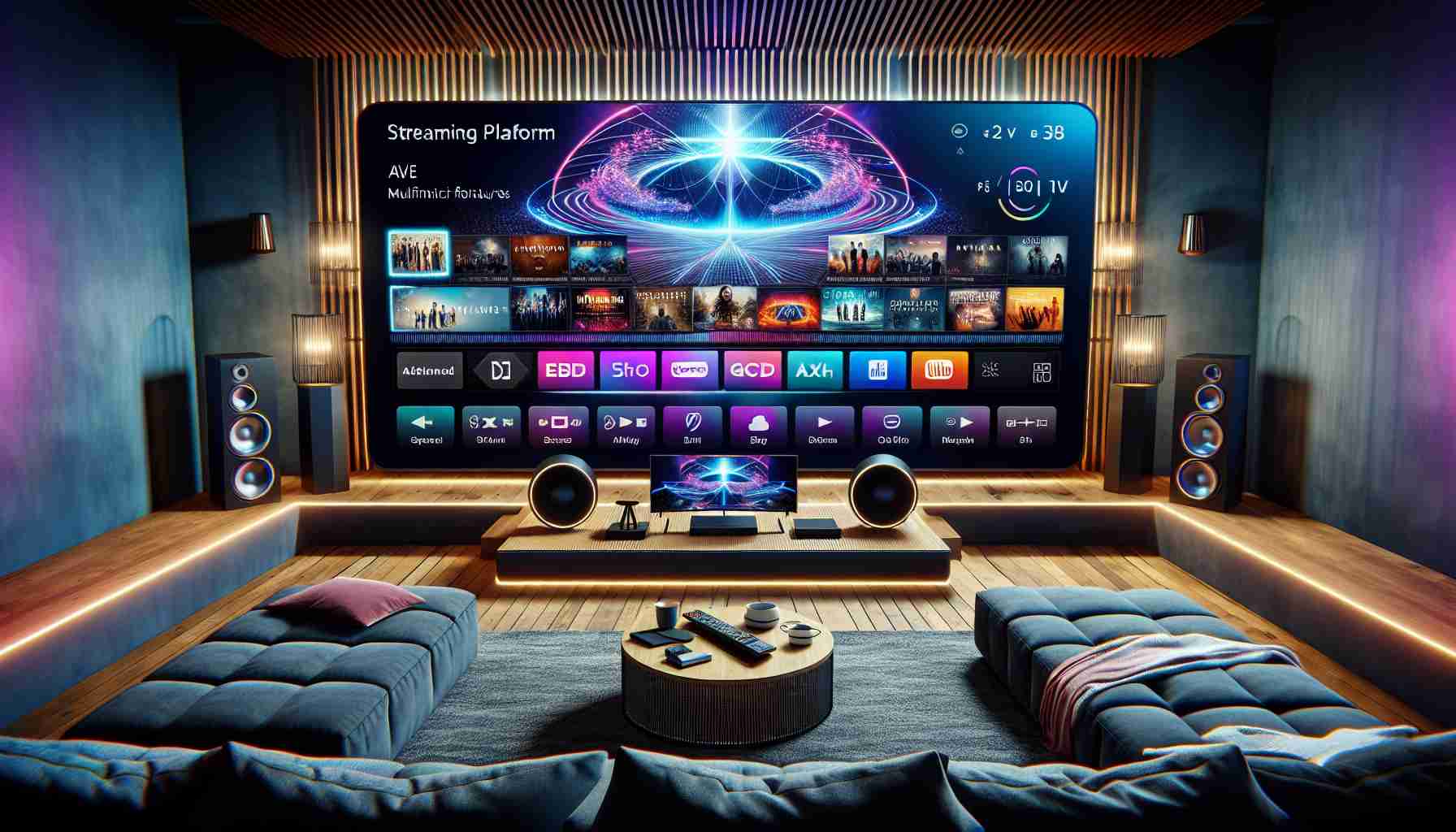 High-definition image of an advanced streaming platform setup. It displays a big screen TV with multifunctional features, an expansive array of channels and shows, sophisticated menu interface, and the highest quality audio output with surround sound speakers. The scene also includes a comfortable viewing area with plush seating. The overall vibe should evoke a sense of ultimate entertainment and a viewing experience like never before.