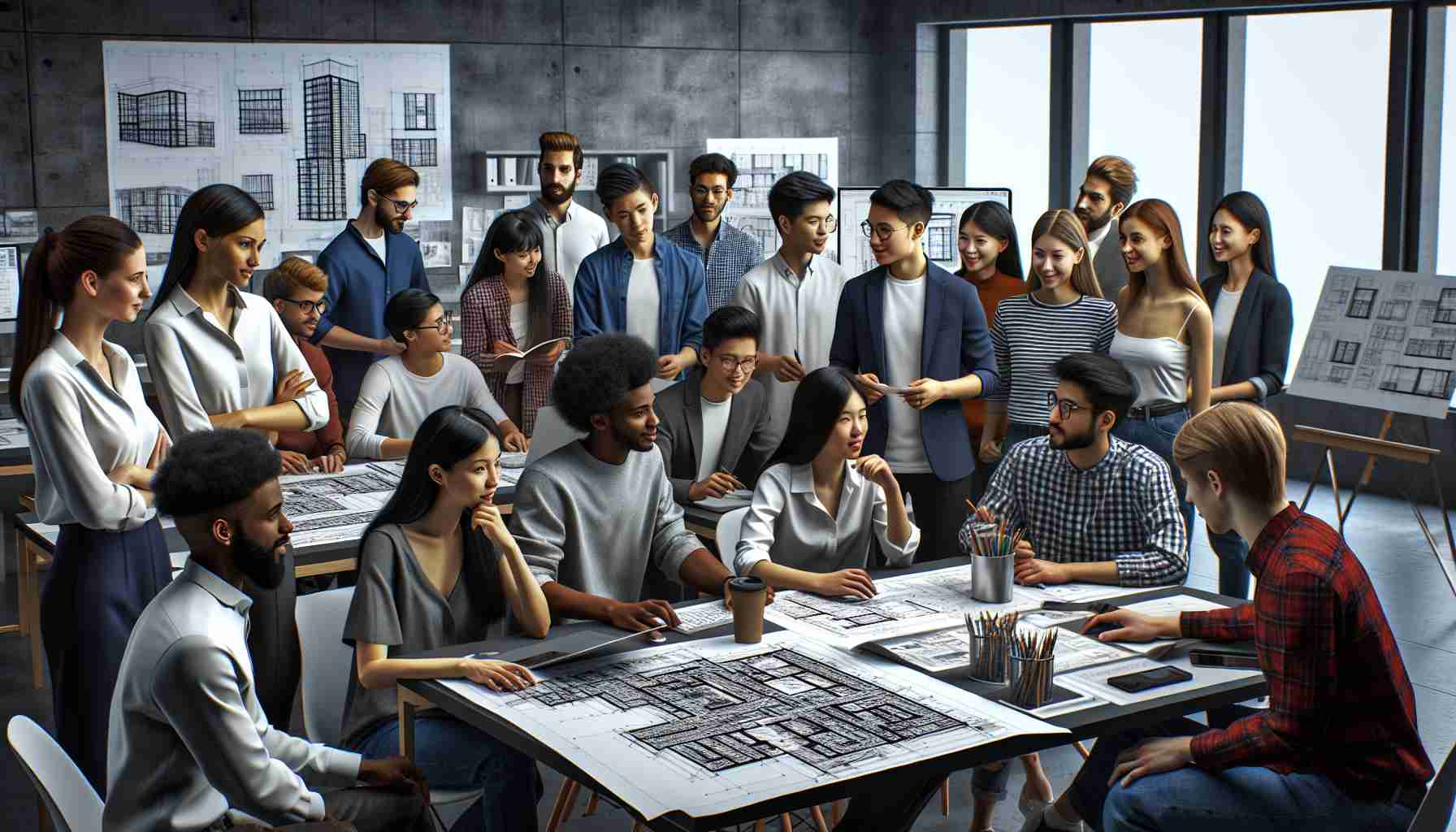 High-definition, realistic image representing efforts to address inequity in architectural education. The image portrays a diverse group of students from various descents - Asian, Black, Hispanic, Middle-Eastern, Caucasian, and Native American, both male and female. They are actively engaged in an architectural design class, sharing their ideas, helping each other, and receiving guidance from instructors of different descents and genders as well. In the background, one can see blueprints, sketches of buildings, architectural models, and computers with CAD software open, symbolizing advanced learning resources and technology at their disposal.