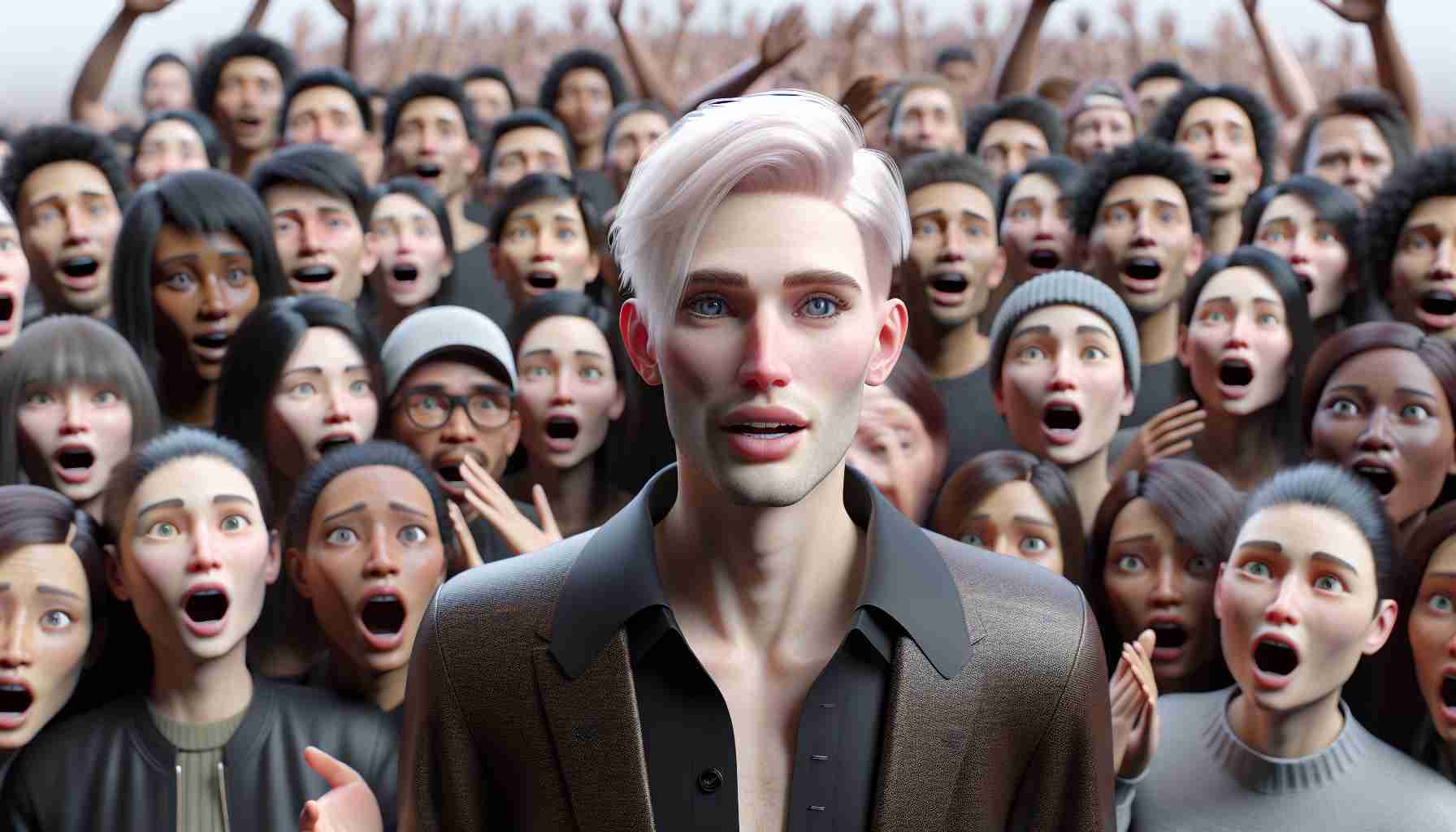 High-definition, photorealistic image of an androgynous, unidentified public figure making a surprise announcement that leaves a multicultural group of fans visibly stunned and speechless.