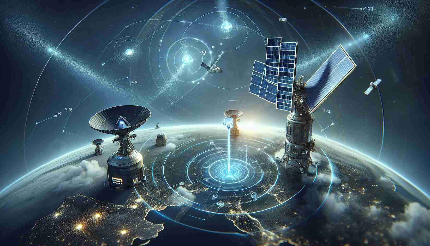 An illustrative image in high definition depicting the futuristic concept of communication revolution through satellite messaging. This concept involves a sleek, next-generation satellite in space, sending and receiving signals. The ground station on Earth, with large satellite dishes pointing towards the sky, shows how these signals are received. The image could also include a simplified diagram indicating the messaging process from a smartphone to the satellite and then down to the recipient's device. Take note to include particles of light representing the digital data being transferred.