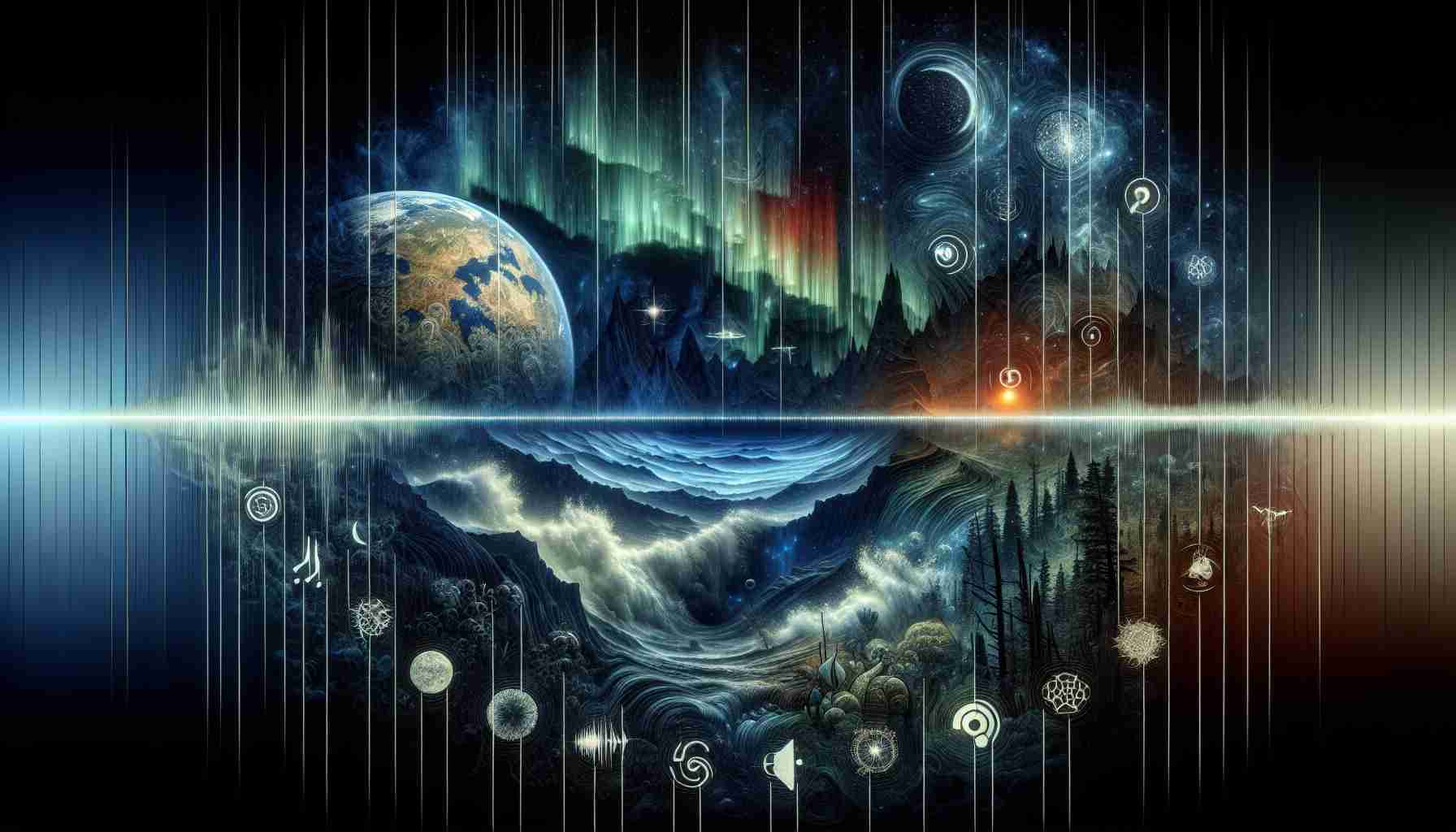 A fine-detailed, high-definition image showcasing some of Earth’s mysteries. The concept is unique and unprecedented, fusing auditory metaphors with visual representation. Imagine a hauntingly beautiful visual symphony that portrays mystical elements like the Northern lights, deep sea trenches, dense jungles, vast deserts, and towering mountains. Paired with sound symbols or icons, these elements serve as an embodiment of the diverse soundscapes around our precious planet.