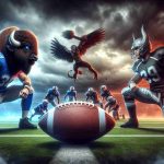 High-definition representation of an exciting confrontation between two American football teams, symbolized by a buffalo and a mythical giant. The scene includes a football field and the atmospheric anticipation of a tough clash. A football is in mid-air, and players from both sides are eagerly preparing for the game, wearing their uniforms representing their logos - a buffalo and a mythological titan.