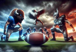 High-definition representation of an exciting confrontation between two American football teams, symbolized by a buffalo and a mythical giant. The scene includes a football field and the atmospheric anticipation of a tough clash. A football is in mid-air, and players from both sides are eagerly preparing for the game, wearing their uniforms representing their logos - a buffalo and a mythological titan.