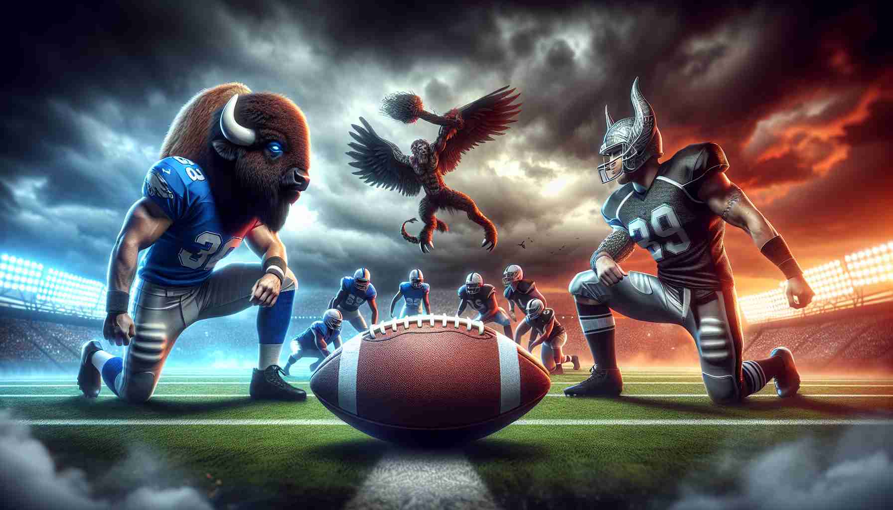 High-definition representation of an exciting confrontation between two American football teams, symbolized by a buffalo and a mythical giant. The scene includes a football field and the atmospheric anticipation of a tough clash. A football is in mid-air, and players from both sides are eagerly preparing for the game, wearing their uniforms representing their logos - a buffalo and a mythological titan.