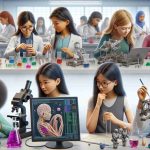 A realistic and high-definition depiction of a global effort to empower girls in STEM (Science, Technology, Engineering, and Mathematics) fields. Illustrate a diverse classroom setting: an Asian girl experimenting with a chemistry set, a Caucasian girl programming on a computer, a Hispanic girl assembling a robotic arm, a Middle-Eastern girl measuring a structural model, a Black girl viewing a human cell through a microscope, and a South Asian girl calculating mathematical problems. This scene represents unity and the global mission towards equipping girls with STEM education.