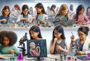 A realistic and high-definition depiction of a global effort to empower girls in STEM (Science, Technology, Engineering, and Mathematics) fields. Illustrate a diverse classroom setting: an Asian girl experimenting with a chemistry set, a Caucasian girl programming on a computer, a Hispanic girl assembling a robotic arm, a Middle-Eastern girl measuring a structural model, a Black girl viewing a human cell through a microscope, and a South Asian girl calculating mathematical problems. This scene represents unity and the global mission towards equipping girls with STEM education.