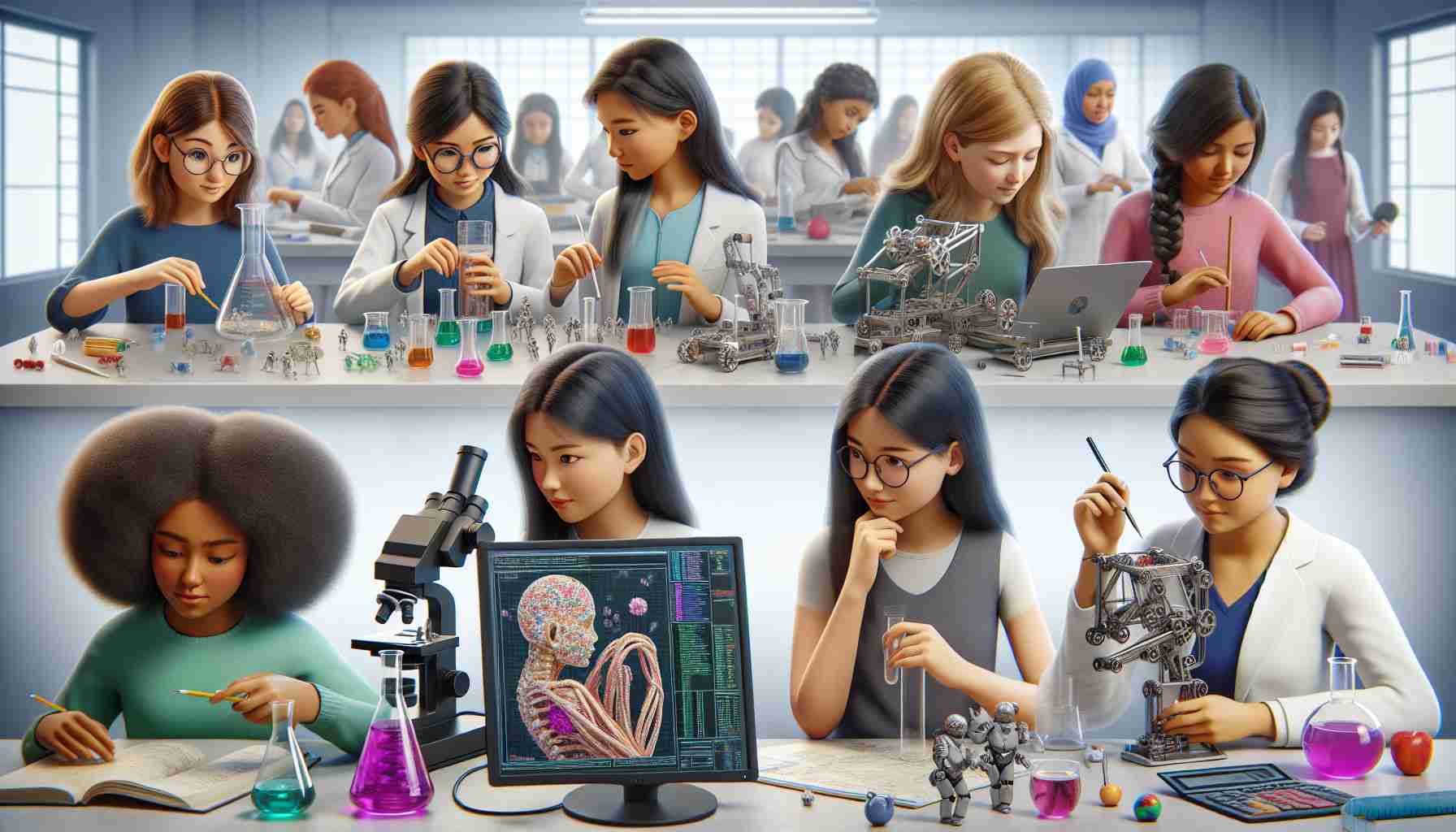 A realistic and high-definition depiction of a global effort to empower girls in STEM (Science, Technology, Engineering, and Mathematics) fields. Illustrate a diverse classroom setting: an Asian girl experimenting with a chemistry set, a Caucasian girl programming on a computer, a Hispanic girl assembling a robotic arm, a Middle-Eastern girl measuring a structural model, a Black girl viewing a human cell through a microscope, and a South Asian girl calculating mathematical problems. This scene represents unity and the global mission towards equipping girls with STEM education.