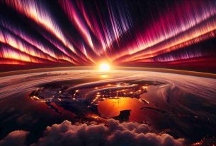 Realistic high definition image of a rare and unique solar event, causing the skies across the entirety of America to light up in an awe-inspiring display. The sky is painted in countless hues of orange, pink, purple, and red as this celestial spectacle unfolds, with streaks of light radiating from the setting sun and bathing the continent in its warm, undulating glow. The backdrop is scattered with fluffy white clouds which add depth to the lit sky, while the silhouette of the American landscape, including a variety of forests, plains, and mountains, provides a remarkable contrast.