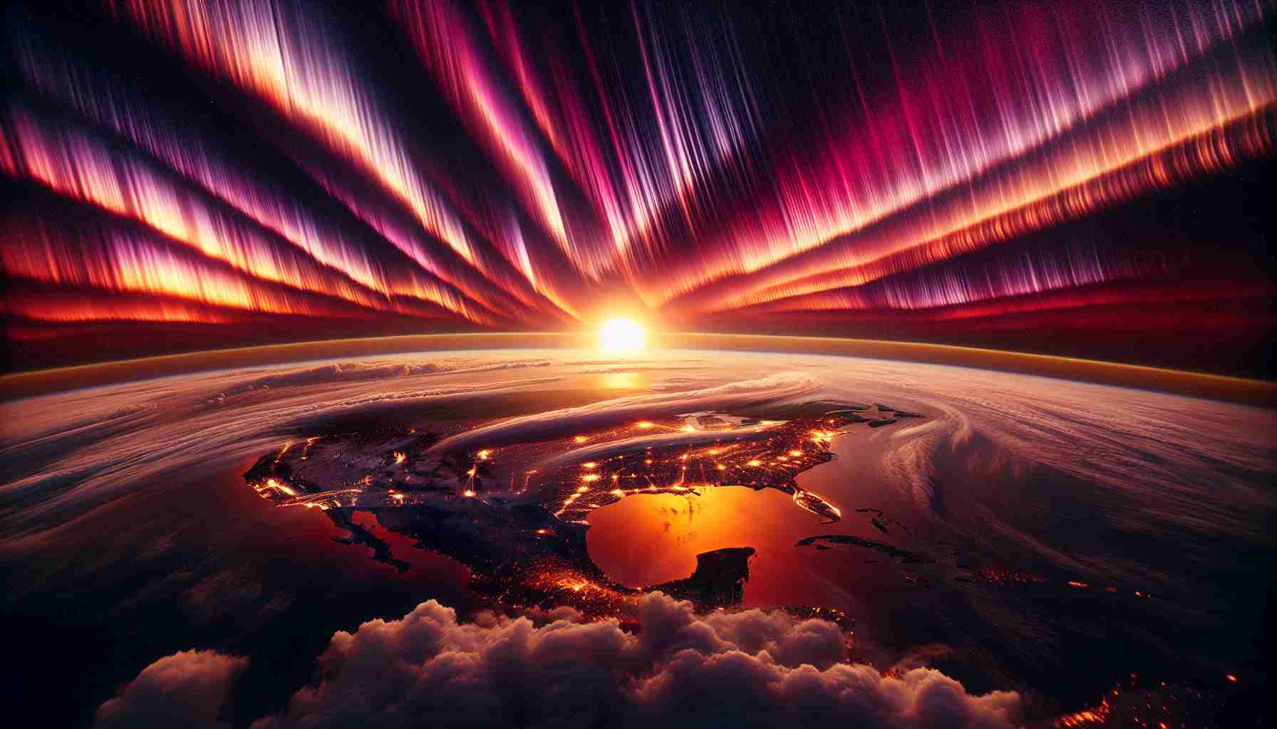 Realistic high definition image of a rare and unique solar event, causing the skies across the entirety of America to light up in an awe-inspiring display. The sky is painted in countless hues of orange, pink, purple, and red as this celestial spectacle unfolds, with streaks of light radiating from the setting sun and bathing the continent in its warm, undulating glow. The backdrop is scattered with fluffy white clouds which add depth to the lit sky, while the silhouette of the American landscape, including a variety of forests, plains, and mountains, provides a remarkable contrast.