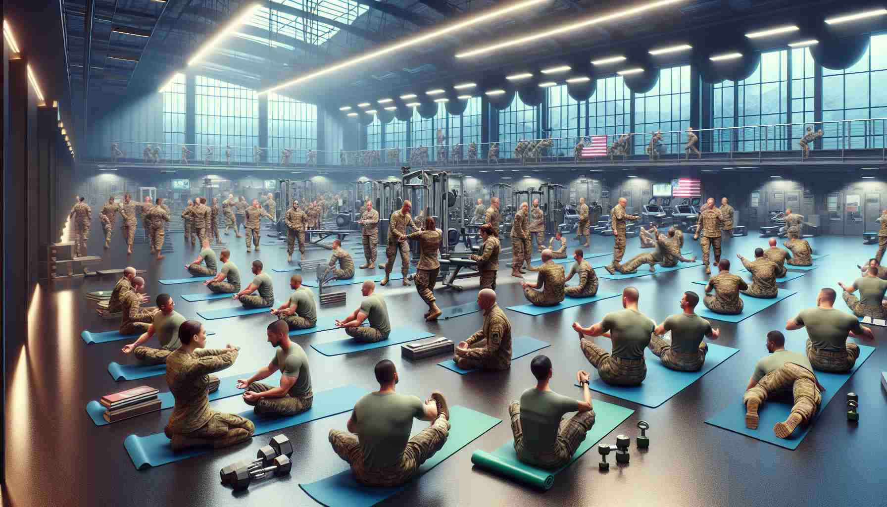 Highly detailed and realistic image showcasing the new initiative designed to enhance the well-being of soldiers. This can be depicted through a variety of scenes such as soldiers participating in wellness programs, engaging in regular physical training sessions, or interacting positively with their peers and superiors. The scene could be set in a modern military facility complete with latest equipment and technologies. A clear focus should be on the overall environment that radiates positivity, camaraderie, and dedication to personal and collective well-being.