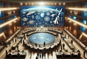 High-definition, lifelike image of a fictional nation unveiling its bold and ambitious vision for space exploration. The scene showcases a grand meeting room filled with various scientific professionals, all excitedly discussing a large blueprint that details the plans for future space missions, innovations and advancements. Brilliantly detailed diagrams, illustrations and models of spacecraft are scattered around the room, reflecting the nation's dedication to space exploration.